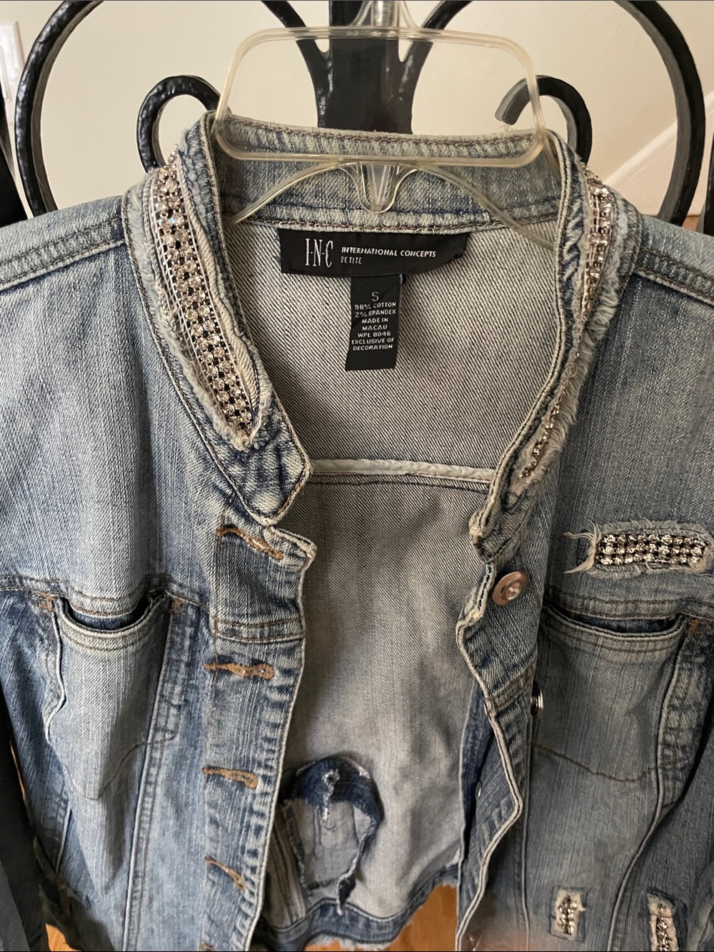 INC International Concepts Light Wash Denim Jacket with Crystal Trim